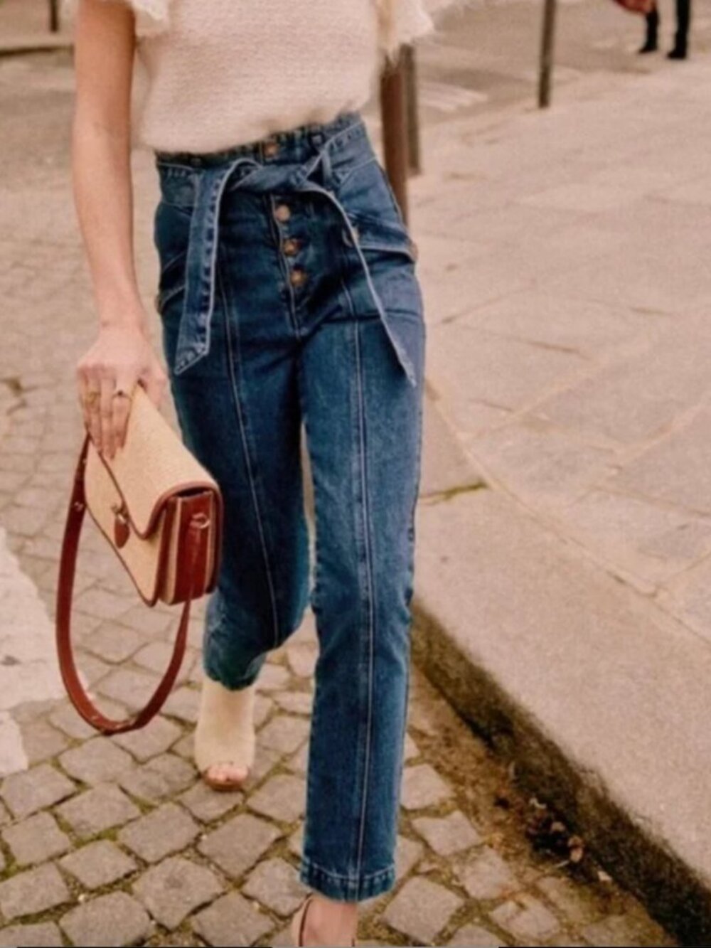 Sezane Maximo High-Waist Dark Blue Paperbag Jeans with Belt